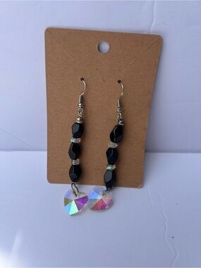 Black Bead Drop Earrings with Iridescent Heart Charms